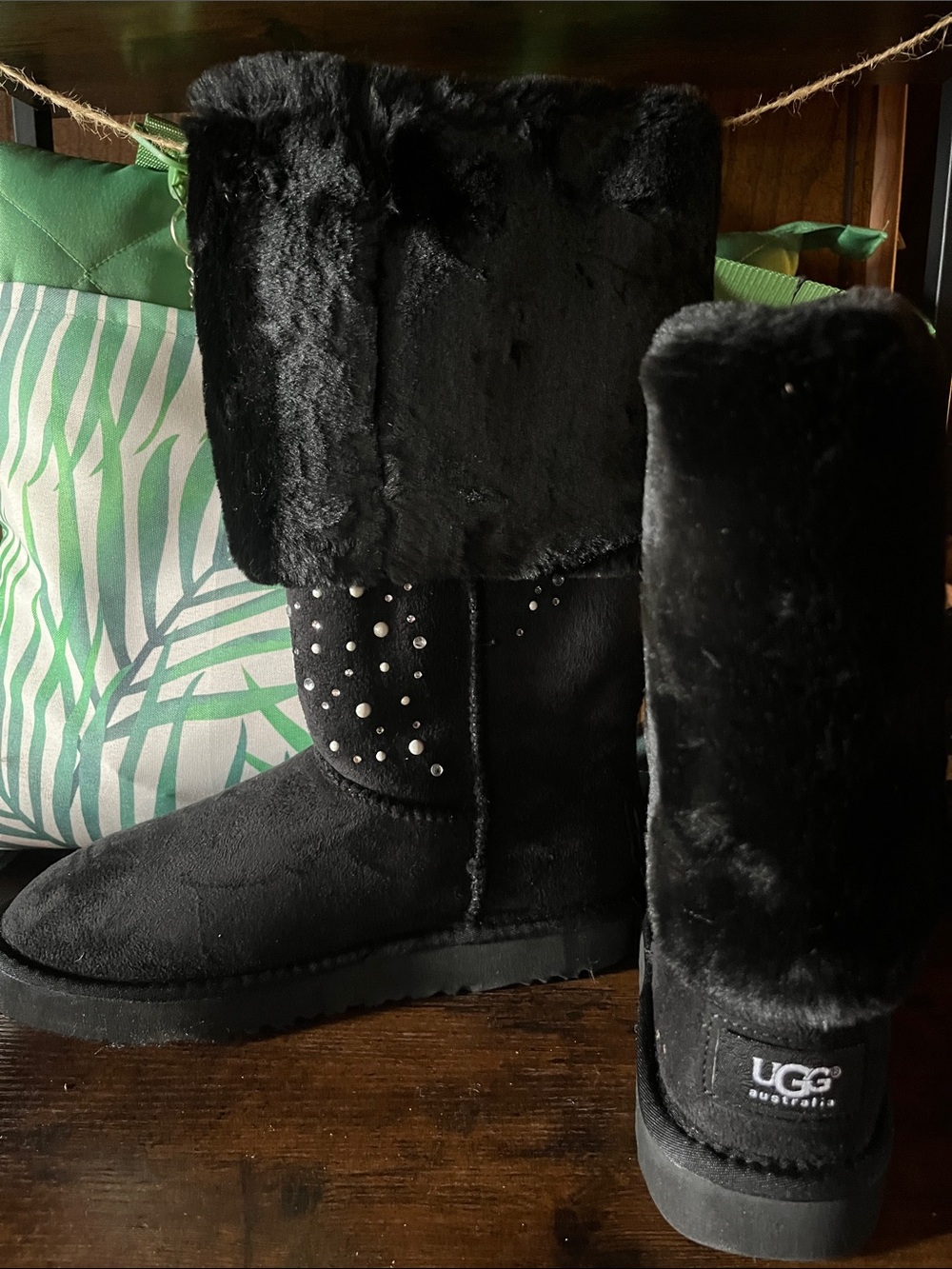 UGG Black Suede Fold-Over Sheepskin Boots with Stud Accents
